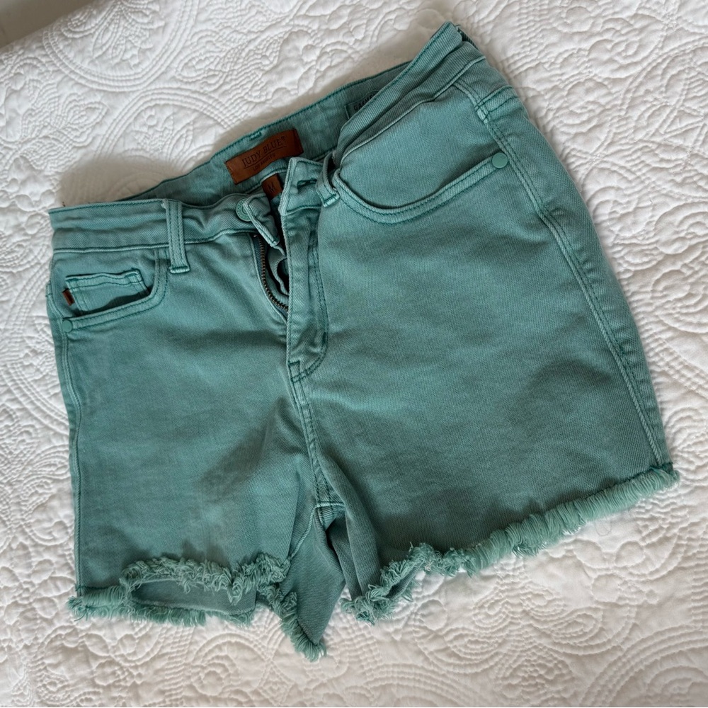 Judy Blue Green Jean Shorts Distressed Frayed Hem